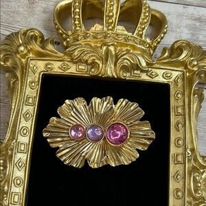 Vintage 1980s Runway Gripoix Style Gold Brooch with Pink and Purple Acrylic Gems